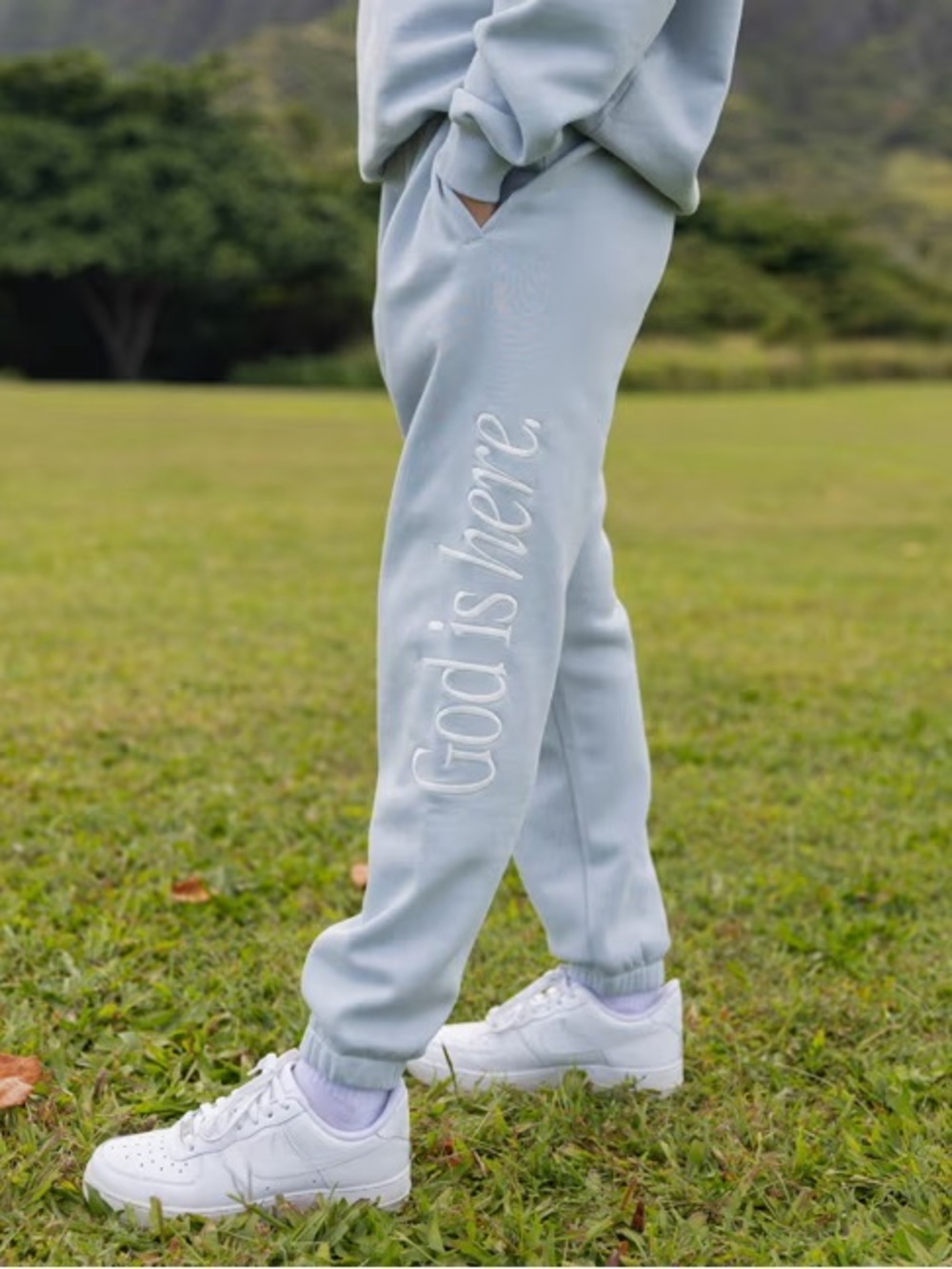 Elevated Faith Light Blue “God is here” Embroidered Jogger Pants